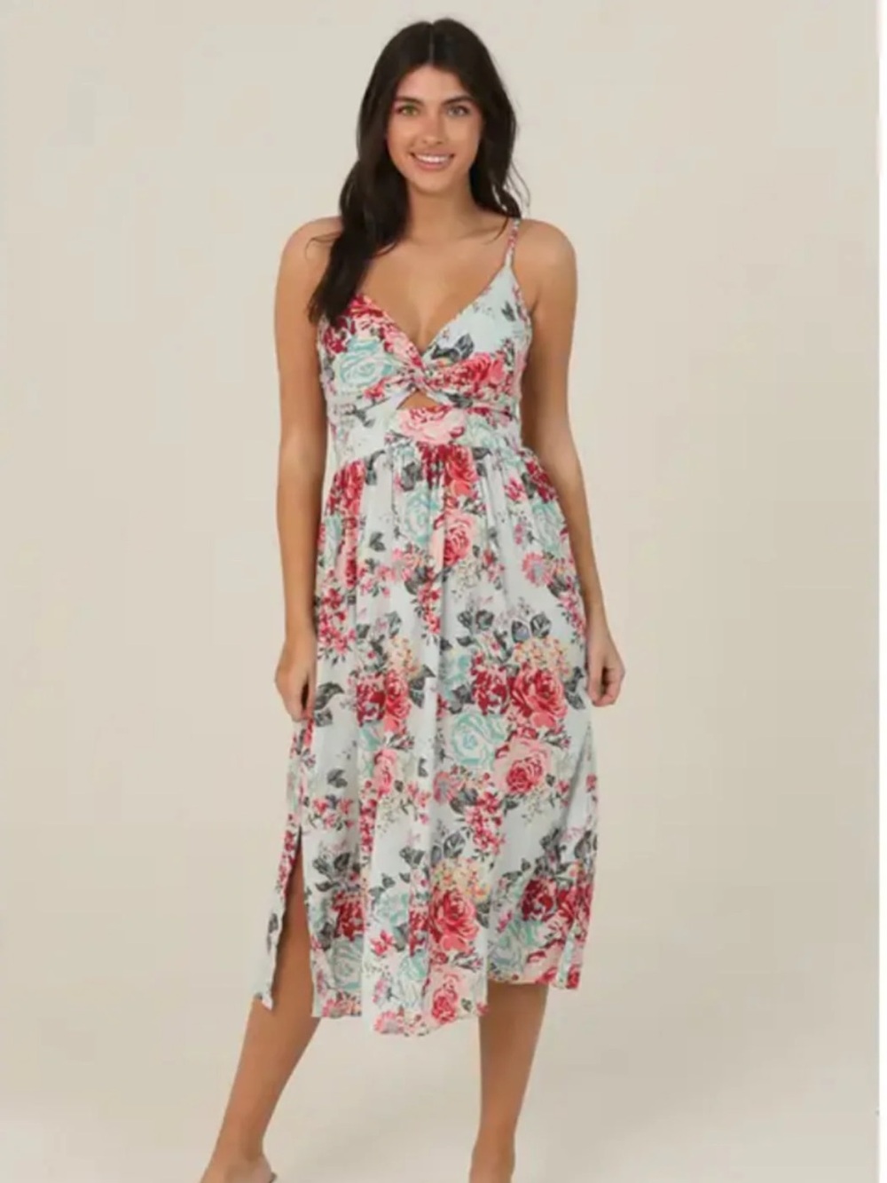 Angie Floral Twist-Front Midi Dress size L